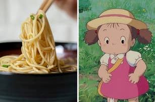 Chopsticks lifting noodles; animated character Mei from "My Neighbor Totoro" in a dress and hat