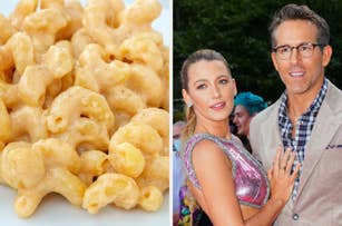 A plate of macaroni and cheese; Ryan Reynolds and Blake Lively posing together in formal attire
