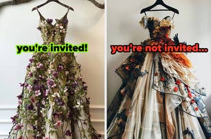 On the left, a floral gown labeled you're invited, and on the right, a layered gown with birds on it labeled you're not invited
