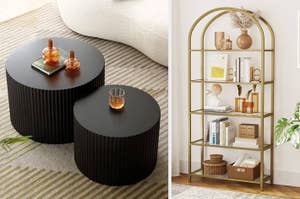 Two pieces of furniture: ribbed round black tables and a gold shelving unit with decor items