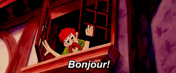 Animated character waving from a window with text &quot;Bonjour!&quot;