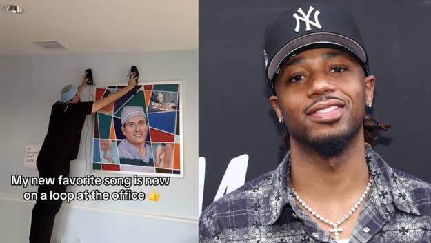 A person pins a poster on a wall; split image with a man in a cap smiling