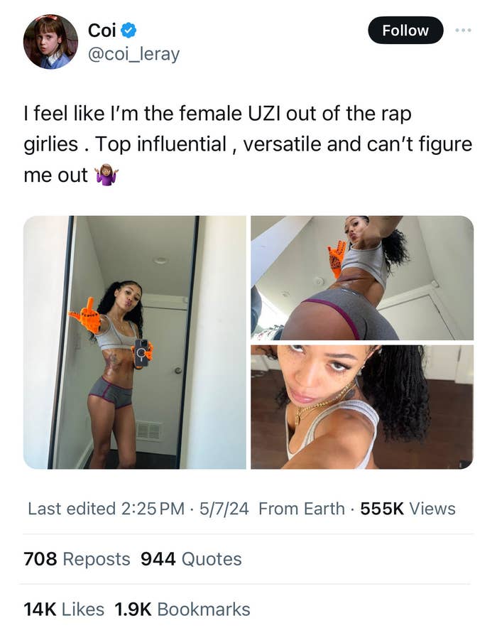 Coi Leray poses in two mirror selfies, wearing a two-piece outfit, accessorized with a cap and gloves, sharing thoughts on her rap influence