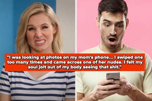 Split-screen of two people reacting to phone content with shocked expressions; left side text recounts uncomfortable photo discovery