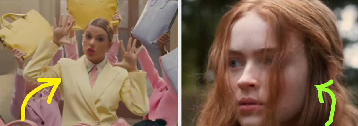 Two scenes from a video: Left, a woman with a yellow coat; Right, a red-haired woman with a surprised look. Text overlaid on both images