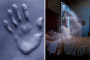 Imprint of a hand and a blurred figure rising from a bed with two people remaining asleep