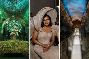 Mindy Kaling in a beige gown at a themed event, flanked by two images of a decorated venue, possibly for a culinary gala
