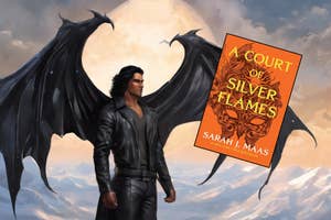 Illustration of a male fantasy character with wings, standing with a book cover for 'A Court of Silver Flames' by Sarah J. Maas