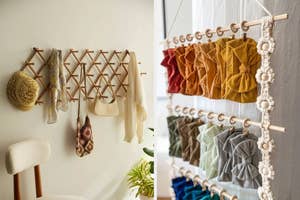folding multi-hook organizer holding hats, purses, and accessories / macrame hanging organizer holding hair bows