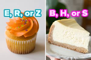 On the left, a cupcake with bright frosting and sprinkles labeled E, R, or Z, and on the right, a slice of cheesecake labeled B, H, or S