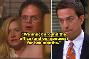 Dwight, Angela, and Andy from "The Office" with a quote about sneaking around