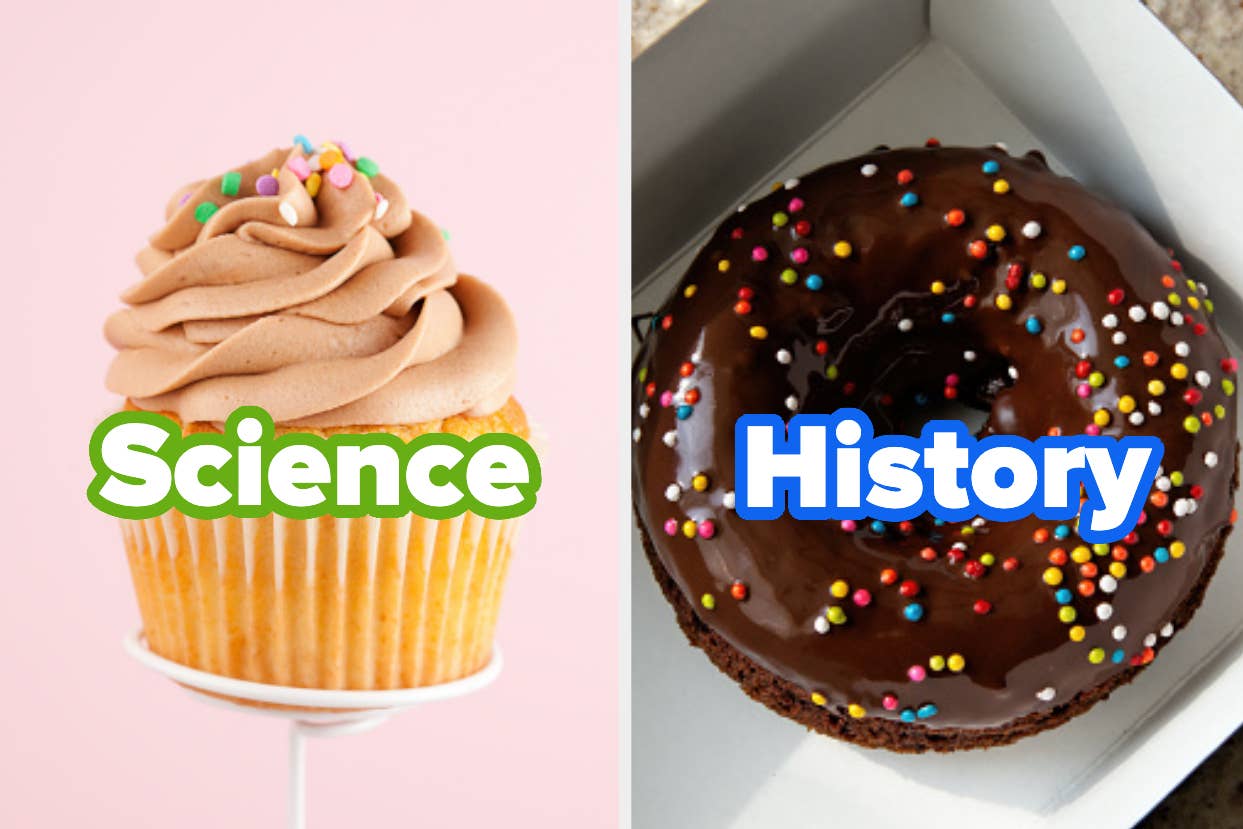 Two cupcakes, one with "Science" and the other "History" written on them, representing subjects.
