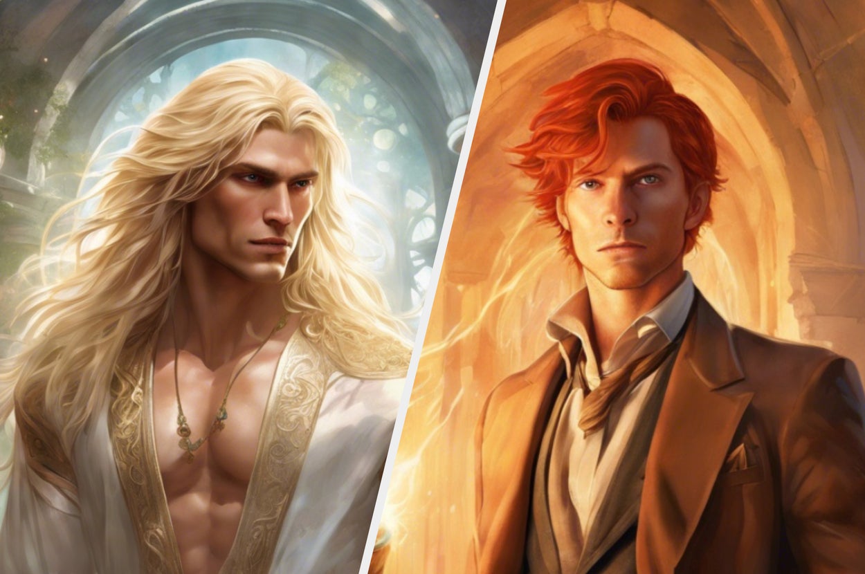 Illustration of two fantasy characters, one with long blond hair and white clothing, the other with wavy red hair in a brown coat