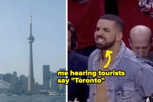 Split image with CN Tower on the left, and Drake wearing a denim jacket reacting humorously on the right