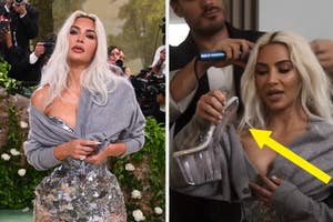 Kim Kardashian in a silver dress with a grey cardigan at an event, assistant adjusts her hair