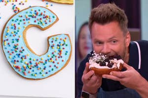 On the left, a c shaped cookie, and on the right, Joel McHale eating cake with his hands