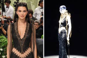 Kendall Jenner in a deep V-neck, embellished gown at a fashion event