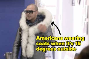 Person in a thick fur coat with text about Americans wearing coats at 15 degrees