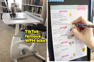 Exercise bike with desk; planner with meal plan and shopping list in view