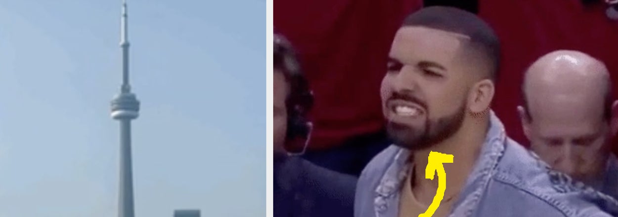 Split image with CN Tower on the left, and Drake wearing a denim jacket reacting humorously on the right