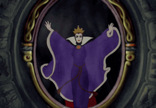Queen from Snow White appears in a mirror, arms raised, wearing her iconic purple and black robe