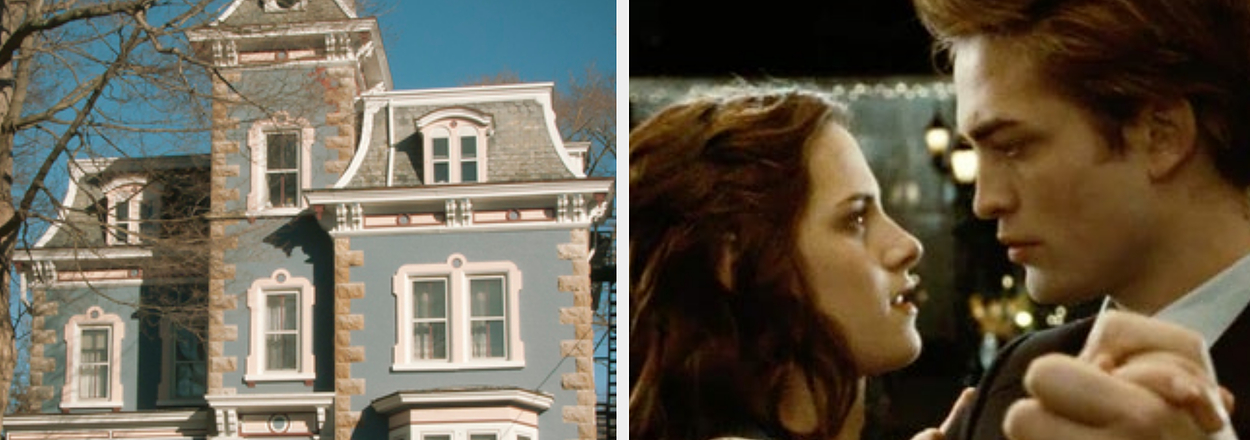Victorian-style house on the left; Edward and Bella from Twilight dancing on the right