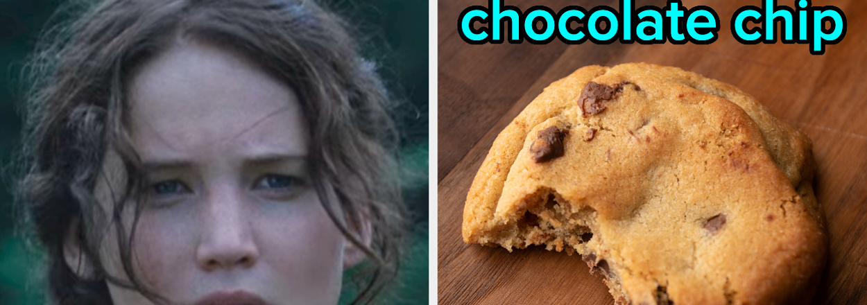 On the left, Katniss from The Hunger Games, and on the right, a chocolate chop cookie with a bite taken out of it