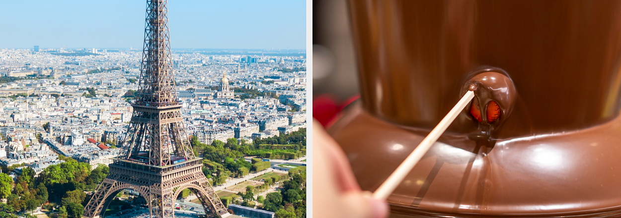 Left: Aerial view of the Eiffel Tower with surrounding cityscape. Right: Close-up of a chocolate fountain with a strawberry being dipped