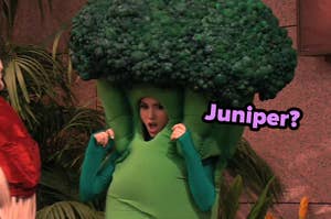 Person in a broccoli costume with a surprised expression on a stage-like setting with text 'Juniper?' above