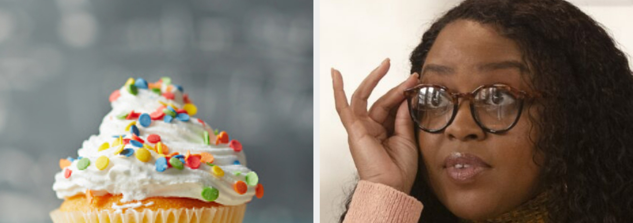 Vanilla cupcake with sprinkles on top; Woman wearing glasses with hand on temple looking thoughtful
