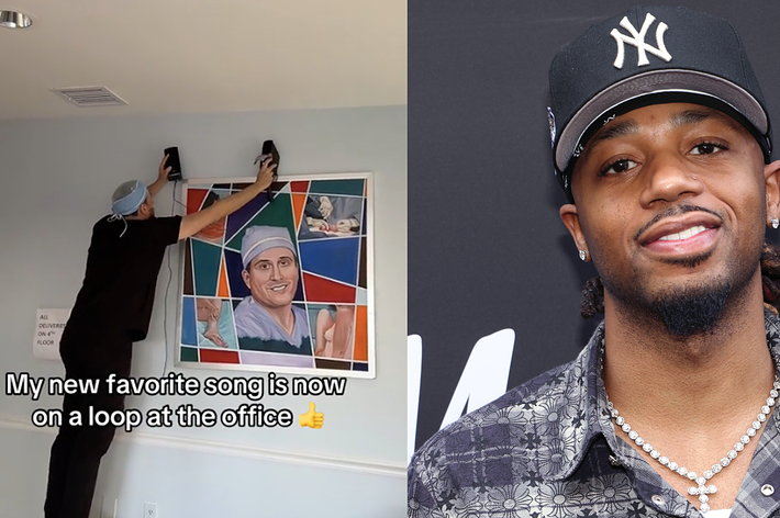 A person pins a poster on a wall; split image with a man in a cap smiling