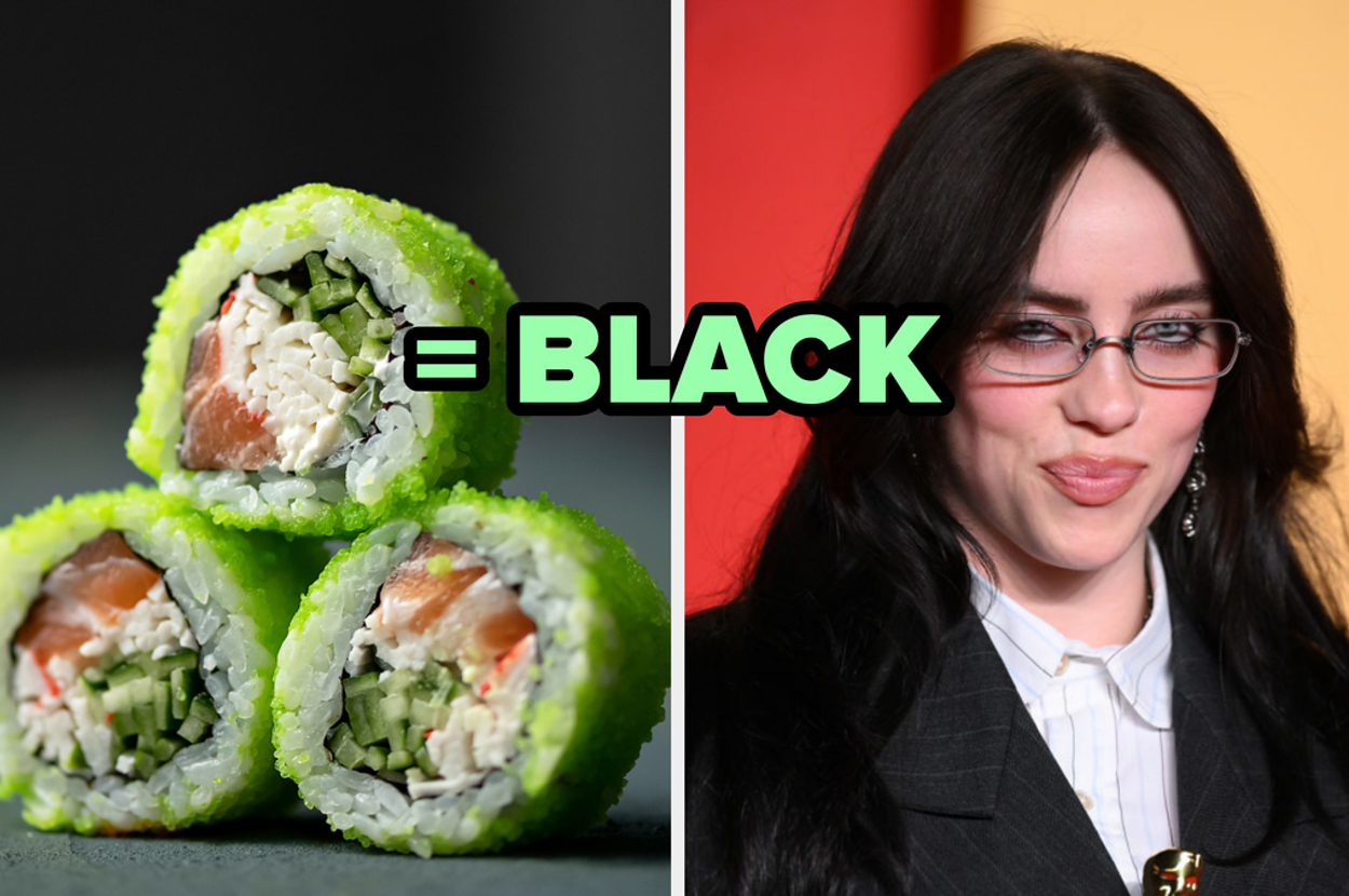 Sushi rolls on the left and Billie Eilish wearing glasses on the right, juxtaposed to indicate a match