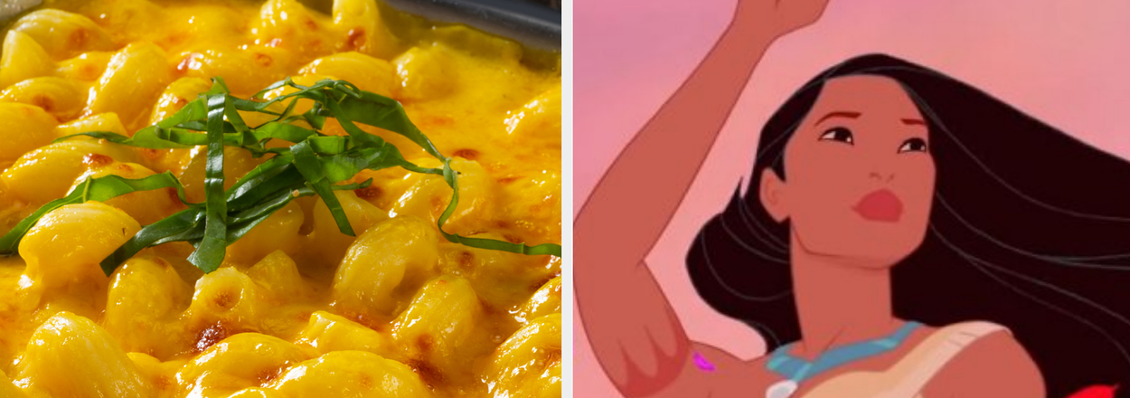 Left: Baked macaroni and cheese in a pan. Right: Pocahontas from Disney's animated movie