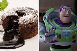 Split image: Lava cake oozing on left, Buzz Lightyear toy looking startled on right