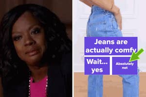 Meme with two panels: Left panel shows a skeptical woman, right panel is a flowchart on jeans comfort ending in opposing views