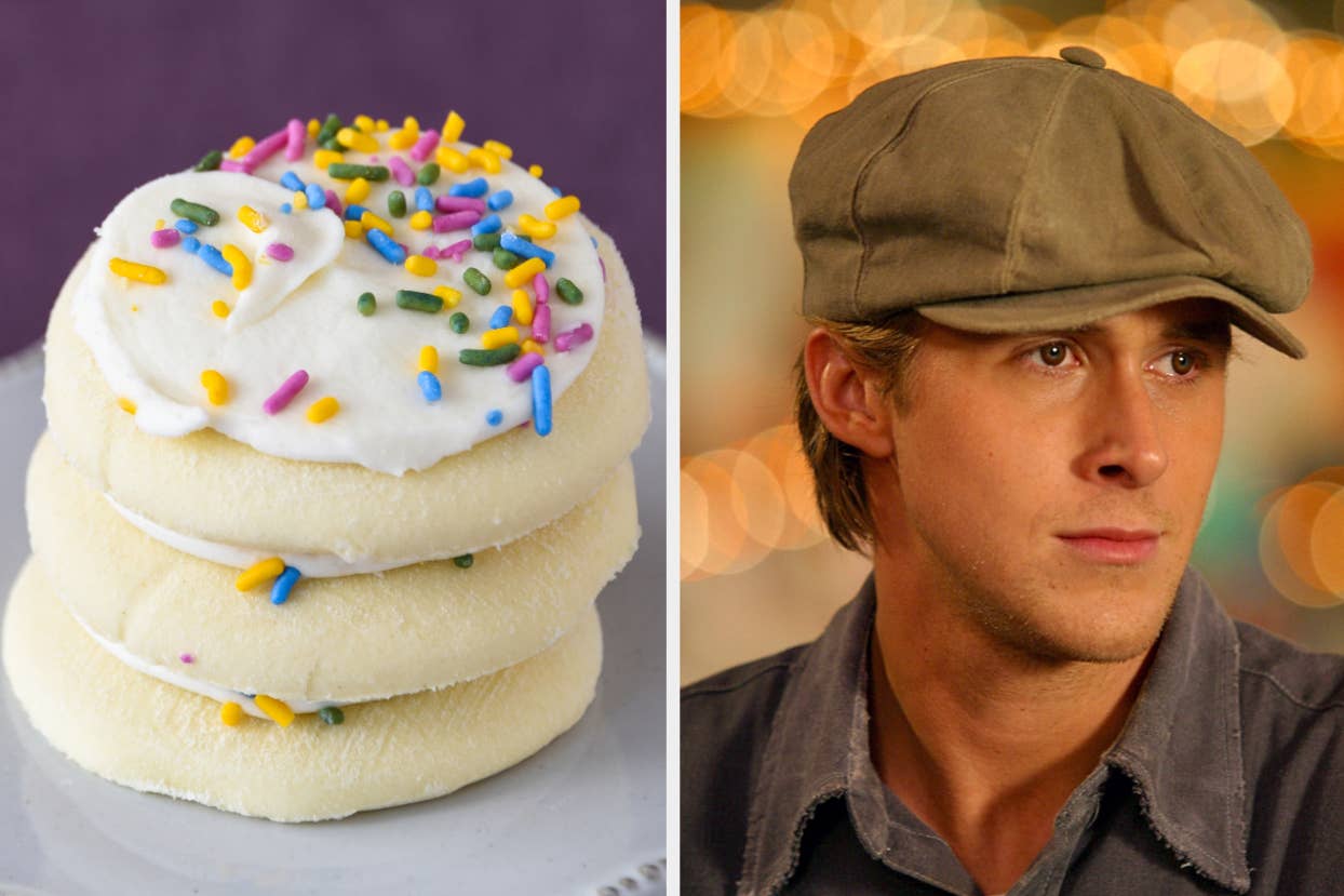 On the left, a stack of frosted sugar cookies, and on the right, Ryan Gosling as Noah in The Notebook