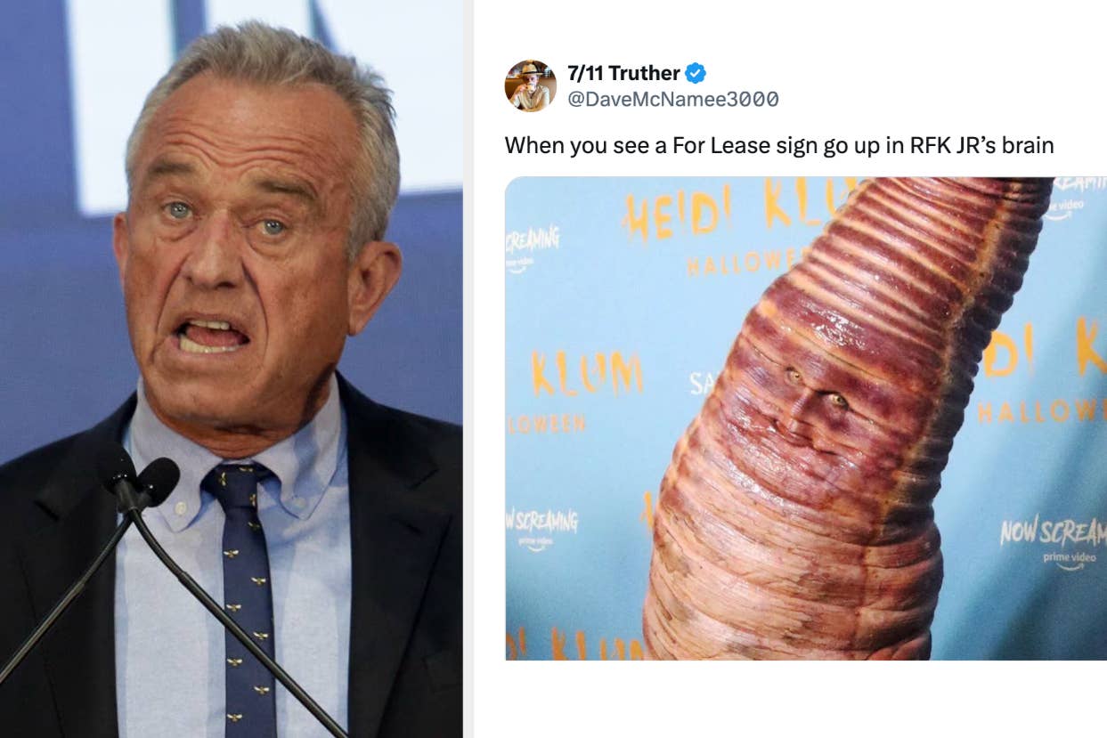 Man in a suit speaking at a podium with a comical tweet about his expression juxtaposed with an image of a spiraling tower