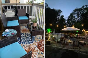 Two images showing outdoor furniture arrangements, one with a patio set on a balcony, another with an umbrella and seating area in a garden at night