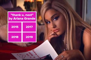 Ariana Grande posing thoughtfully. Graphic that reads "thank u, next by Ariana Grande, 2015, 2017, 2018, 2019."