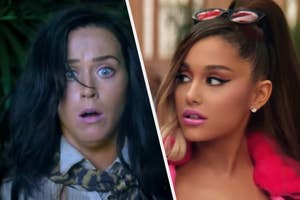 Katy Perry and Ariana Grande in separate frames, Katy looking afraid and Ariana with high ponytail and pink attire