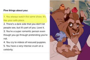 Animated characters Belle and Beast from Disney's Beauty and the Beast appear alongside a list titled "Five things about you."