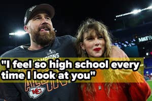 Two people embracing on a sports field with the quote "I feel so high school every time I look at you" overlaying the image