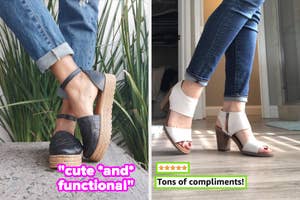 Two side-by-side photos showcasing different women's wedge sandals worn with jeans, one black and one white, with positive quotes