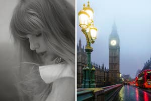 Split image; left side shows a close-up of a person's silhouette with head bowed, right side depicts the Big Ben and a London bus in foggy weather
