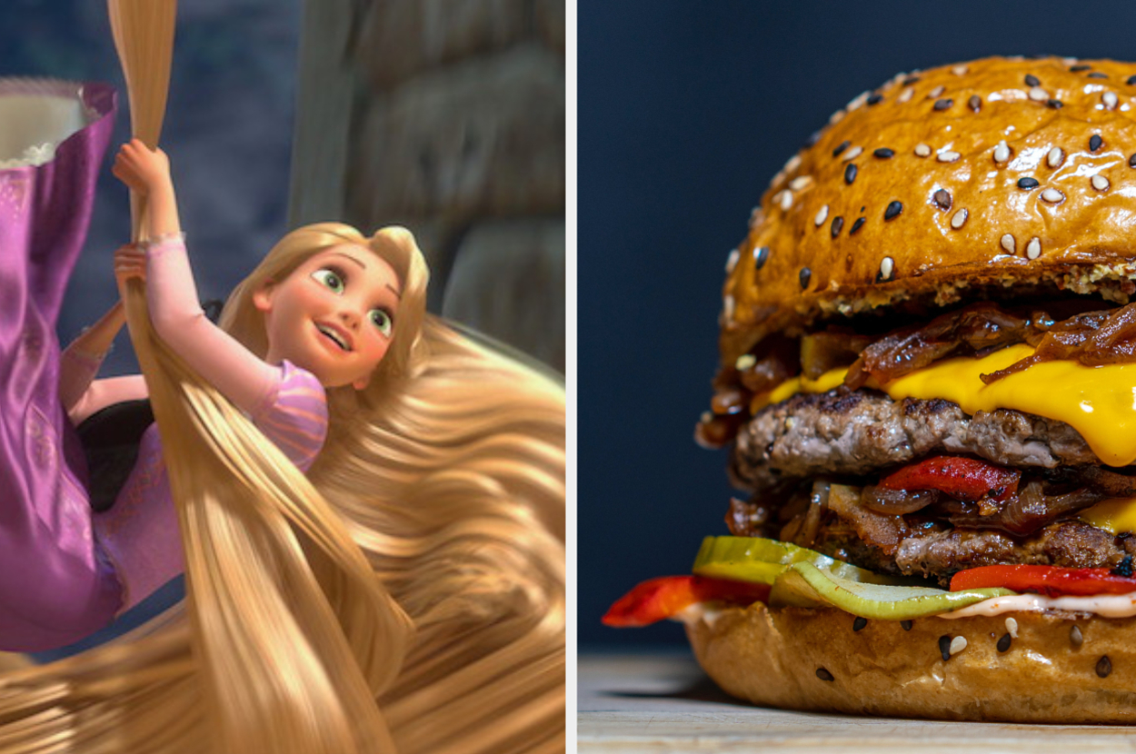 Two images: Left shows Rapunzel from Tangled climbing hair; right is a loaded cheeseburger