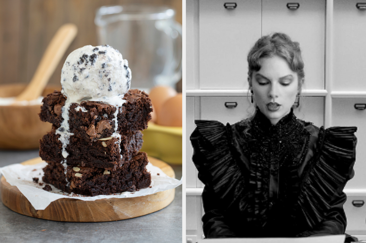 Stack of brownies with a scoop of ice cream on top, and a black and white photo of Taylor Swift wearing a ruffled dress