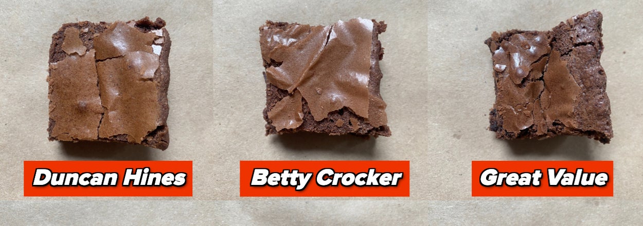 Six brownies labeled with different brands such as Duncan Hines and Betty Crocker for comparison