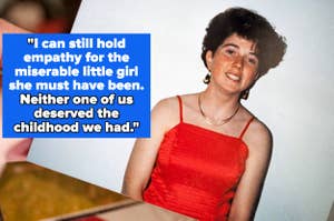 A woman in a formal dress with a quote about childhood empathy and deservedness