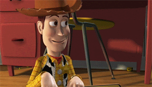 Animated character Woody from Toy Story tipping his hat