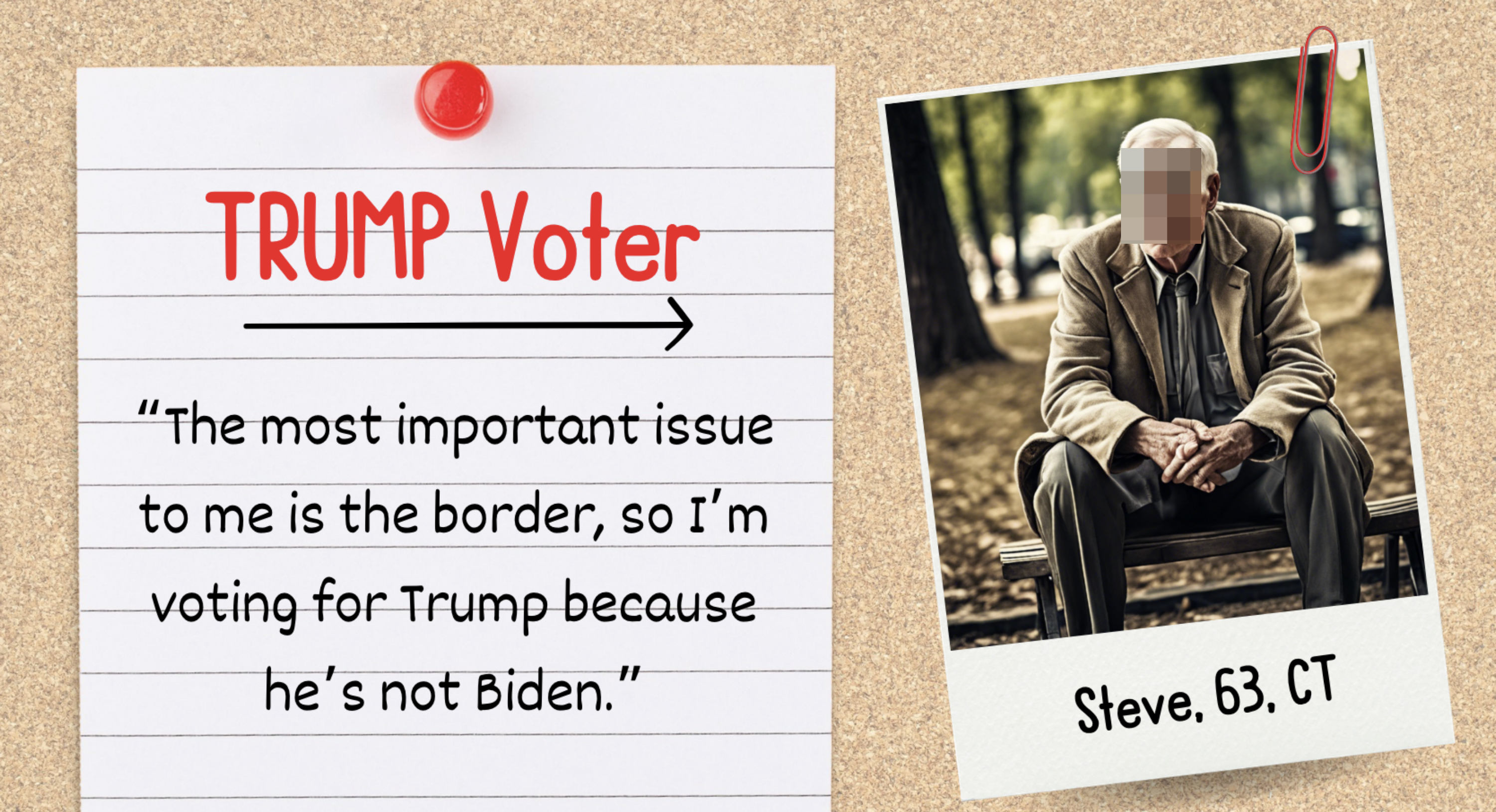 Summary of voter&#x27;s statement on preferring Trump over Biden due to border concerns, with a photo of Steve, 63, from CT